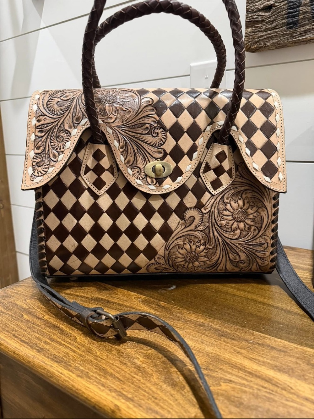 Hand-Tooled Brown & Tan Checker Floral Leather Satchel